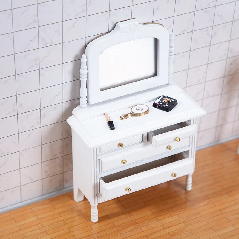 Muebles en miniatura para casa de muñecas, tocador de madera con espejo, decoración de escena de dormitorio artesanal, 1:12