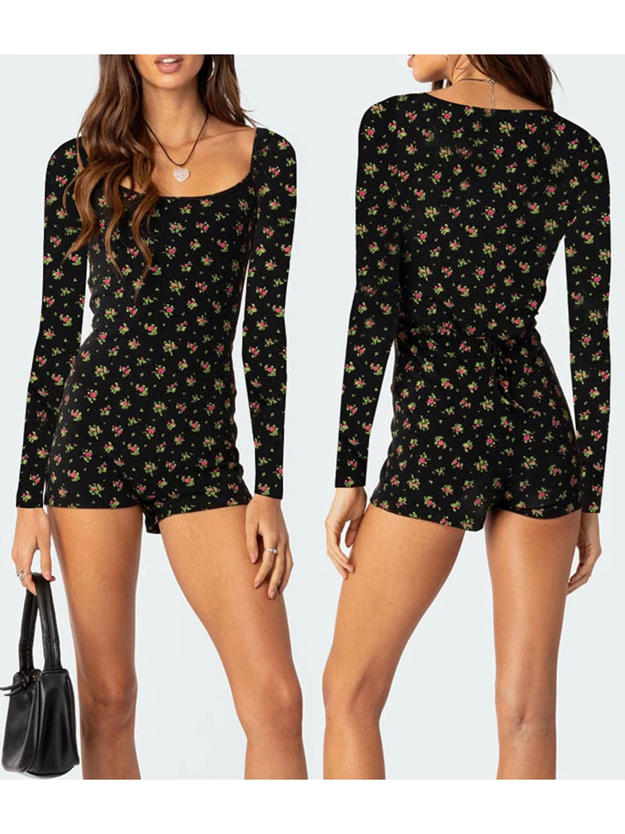 

Women s Y2K Floral Print JumpsuitTrendyV Neck Button Down Playsuits Long Sleeve Tight Rompers Clothes