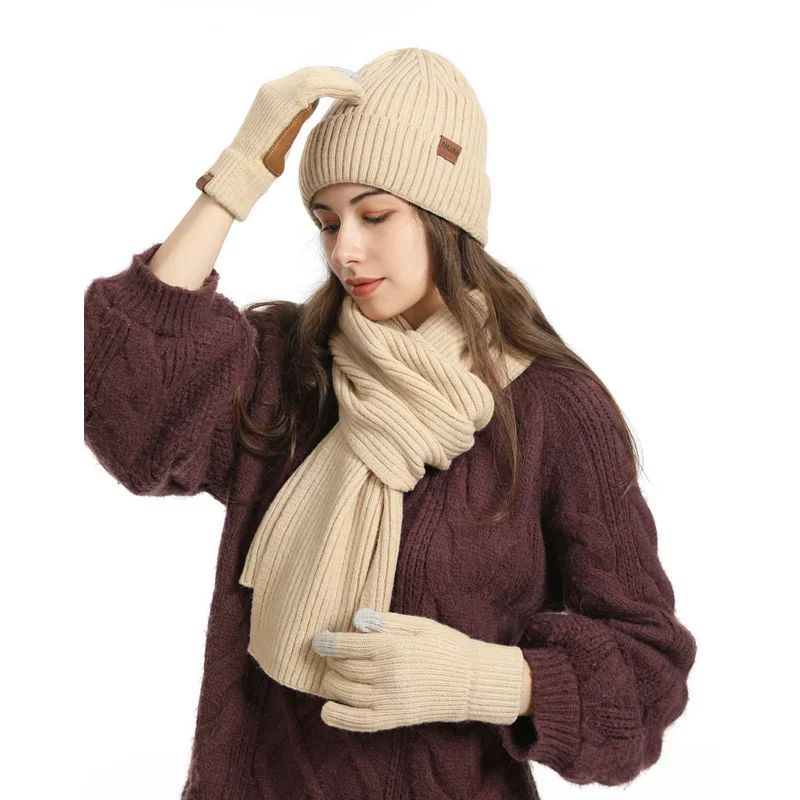 3 pçs/set inverno feminino gorro chapéu longo cachecol luvas conjunto de malha quente para o inverno fora esportes esqui correndo