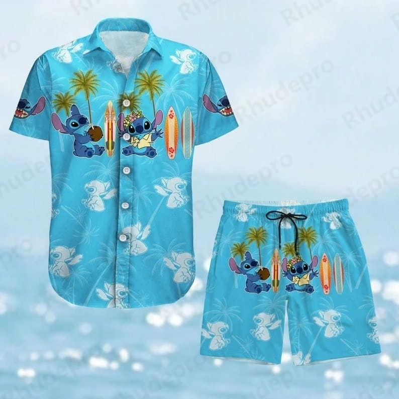 

Disney Isney Stitch Button Shirt и короткий комплект Stitch Ang Angel для мужчин и женщин Гавайская рубашка Летняя рубашка Stitch Шорты Костюм