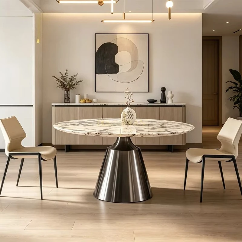 Custom Multicolor Vein Marble Round Dining Table Dark Gray Cone Metal Pedestal Base Kitchen Home Restaurant Furniture 4 6 Seater