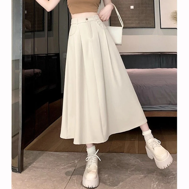 2026 Damen Klassische Mode Midi-Röcke Mädchen Koreanischer Hochtaillierter Anzug-Plisseerock Damen Mode Dünner Einfarbiger A-Linien-Rock