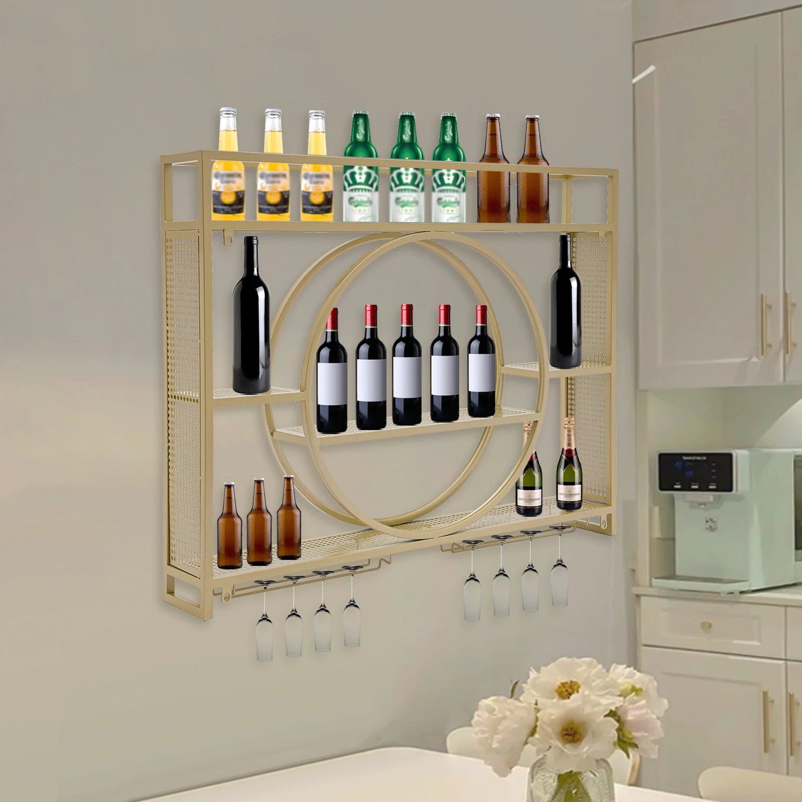 An der Wand montiertes Weinregal, Regale, Vitrine, hochwertige Möbel, elegante Weinständer, Bar im Freien, kompletter Küchenschrank