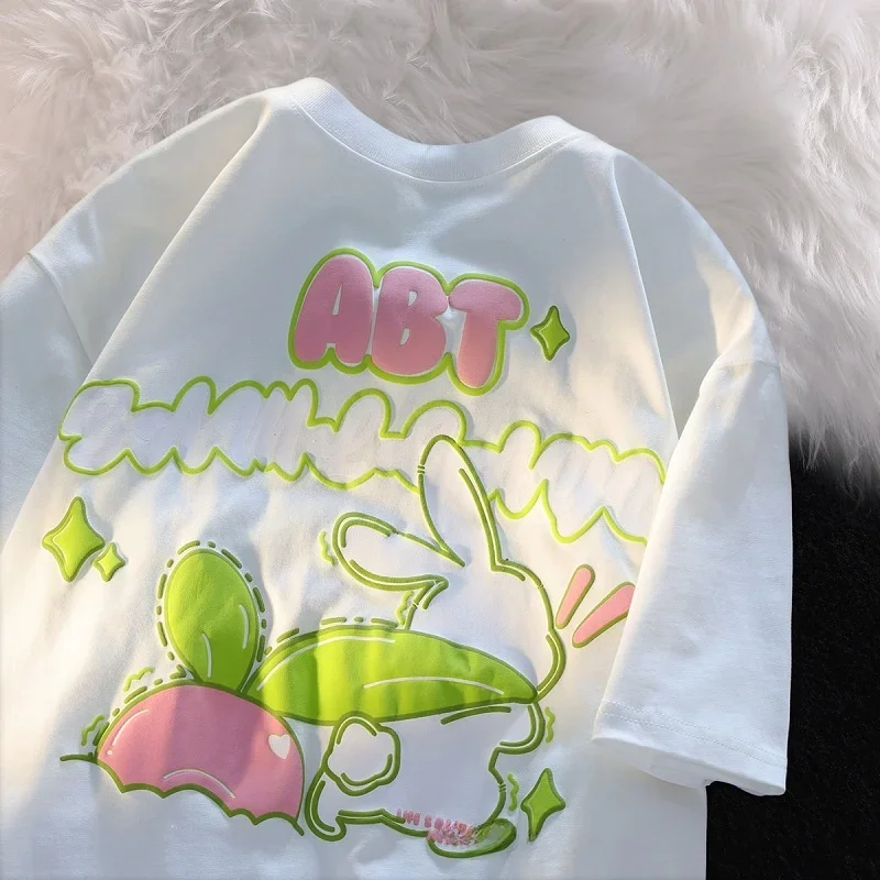 Women Summer Fit Oulder Cartoon Rabbit Design Korean Round Ne Print Top Graphic T Shirts Summer Streetwear Women Clothing Y2K