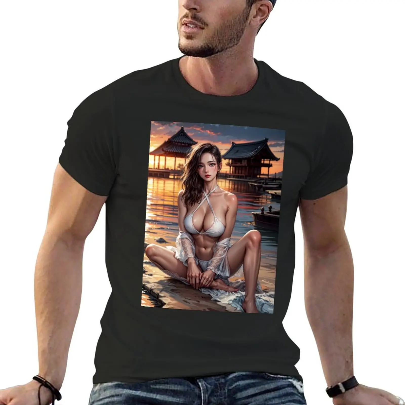 

Anime PinUp Girl: Syun Kamakado 030 (waiting on the tide) T-Shirt plus size tops korean fashion big and tall t shirts for men