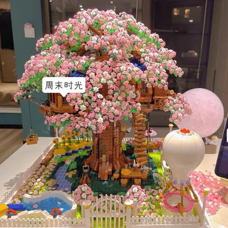 Rainbow Sakura Tree House Building Blocks Set Advanced For Girls Birthday Gift DIY Party Centerpiece Table Decor For Teens Kids