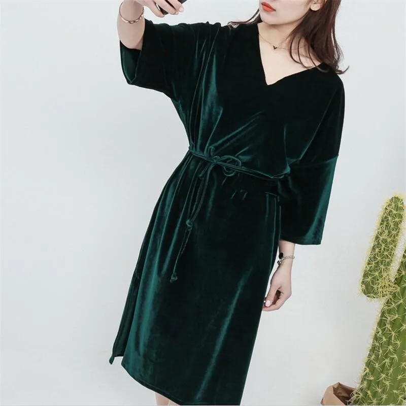 2024 Women Spring Autumn half Sleeve straight dress vintage Velvet V-Neck sashes edium Long dress Vestido  Women dress