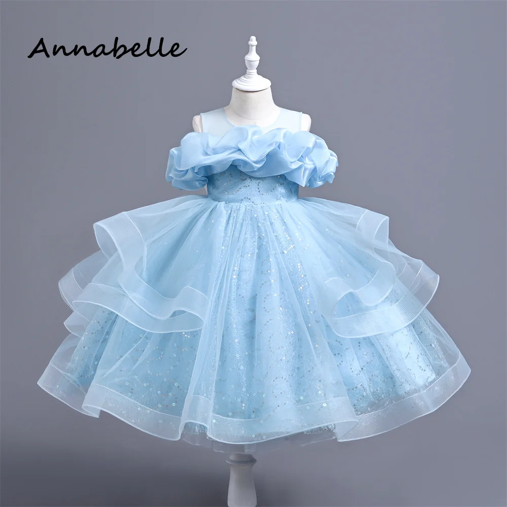 Annabelle Flower Girl Long Dress Puffy Flower Baby Wedding Cute Sleeveless Dress Priness Girl Bow Birthday Party Dresses