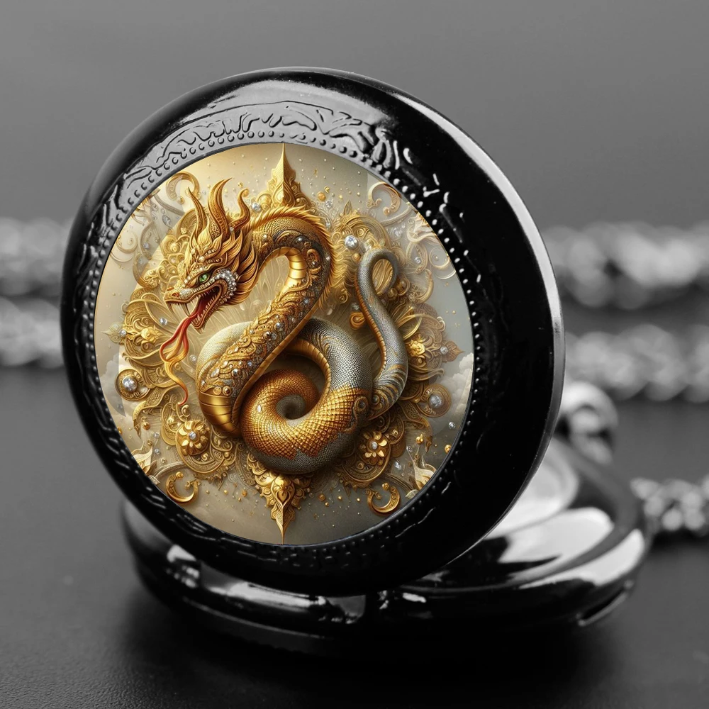 Rich Dragon Design Glass Dome Fashion Arabic Numerals Quartz Pocket Watch Necklace Pendant Chain Mens Women Gifts