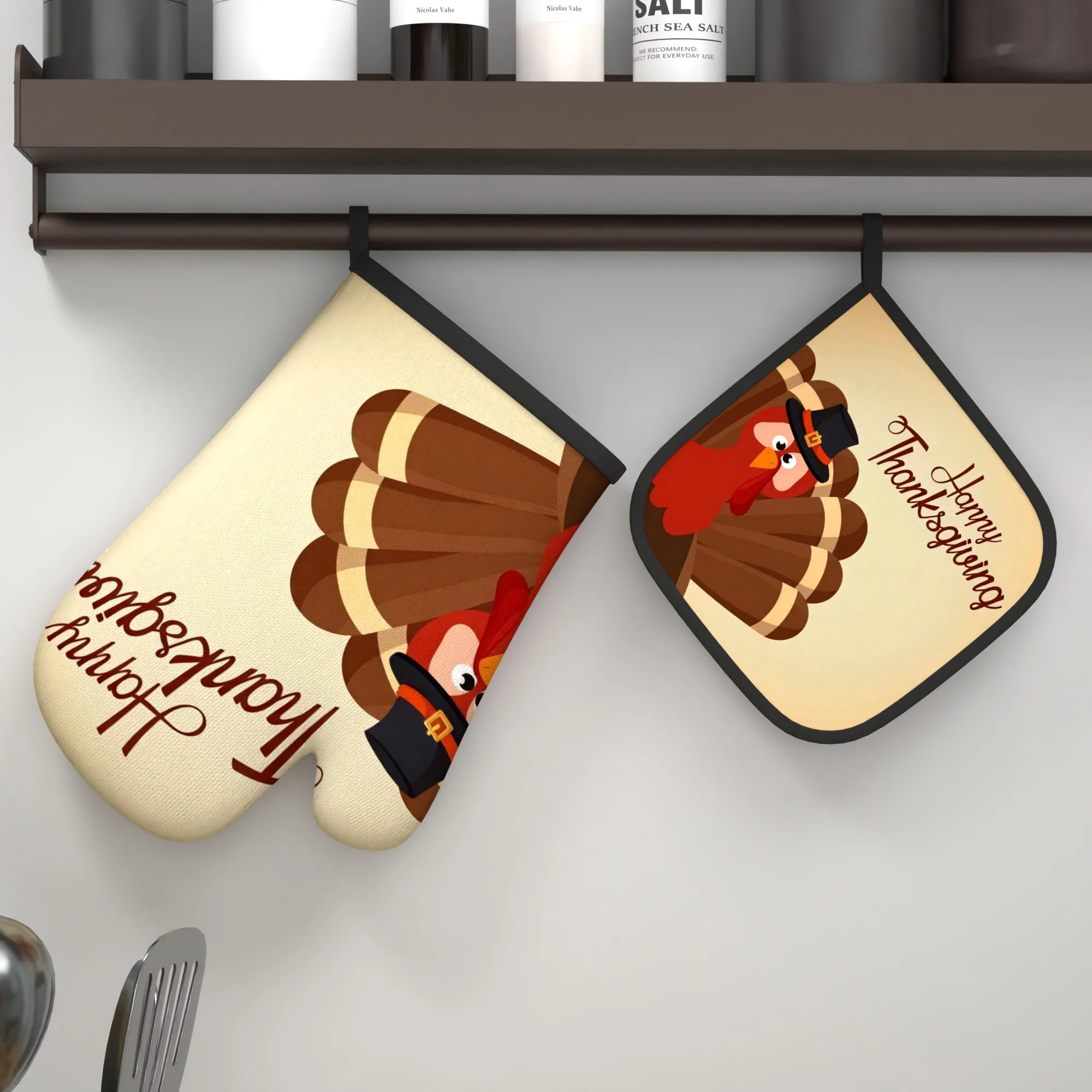 2pcs 10.6x6.7 Inch Heat-Resistant Oven Mitts & Potholders Thanksgiving Turkey Design with 