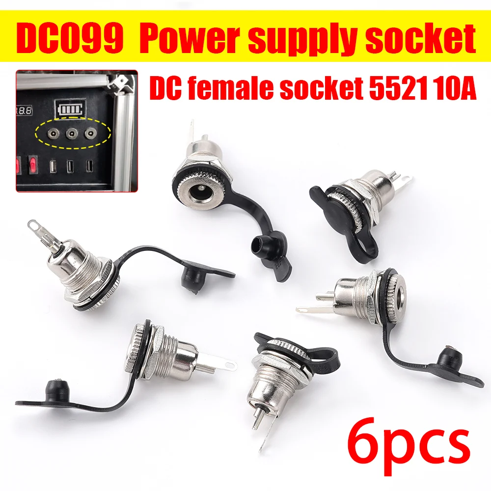 6Pcs Metal DC099 Power Supply Jack Female Panel Mount Connector 5.5x2.1mm 10A Charging Socket DIY Electronic Adapter Universal