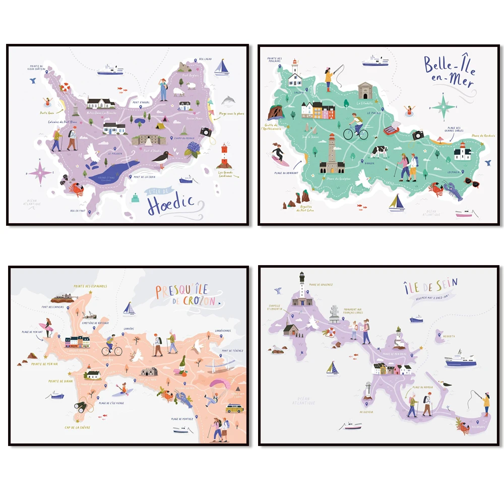 Isla Ouesan, Península de Crozon, Isla de Sena, Bella Isla, Península de Crozon - Mapa de Bretania, Póster de mapa de Provincia de Finisterre