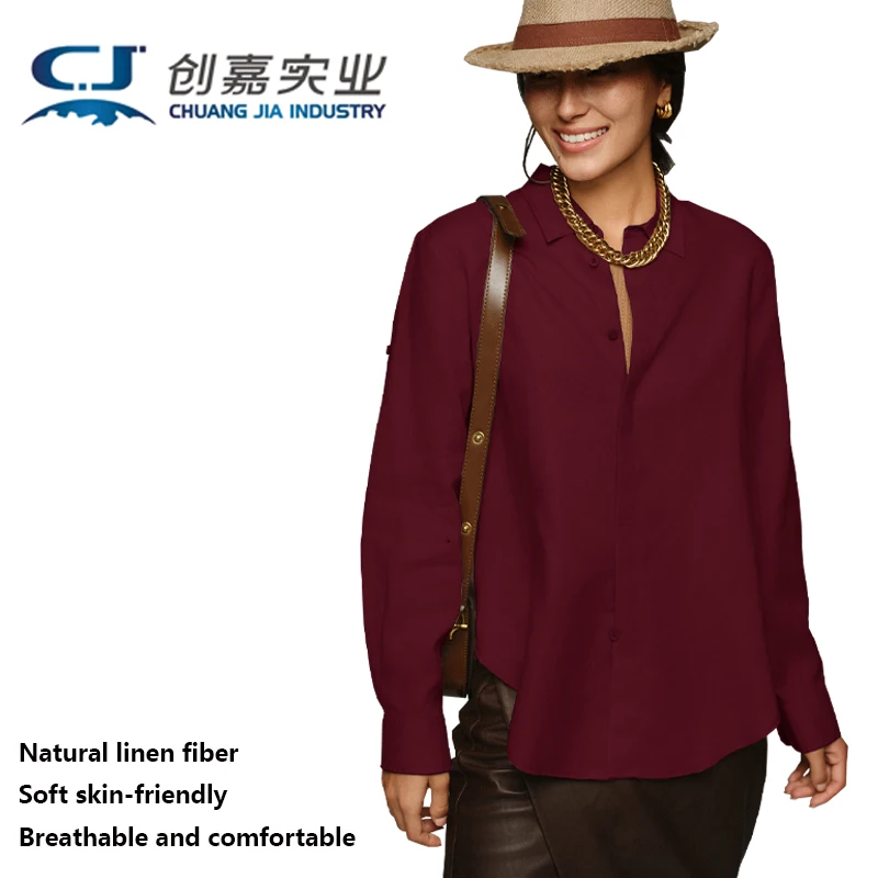 High-end 100% Linen Women's Long-sleeved Shirt Camel Temperament Simple Blouse Plus-size Women's Fashion Casual Spring Autumn