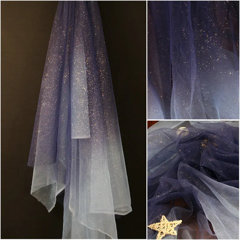 Gradient mesh dark blue fantasy stars starry sky designer creative wedding dress Hanfu glitter bronzing fabric