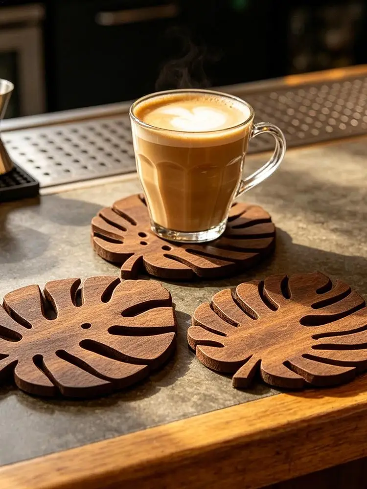 Cup Coasters 3Pcs Monstera Wooden Coaster Heat-Resistant Wooden Desk Decor Table Coasters Coffee Cup Holder For Home Office