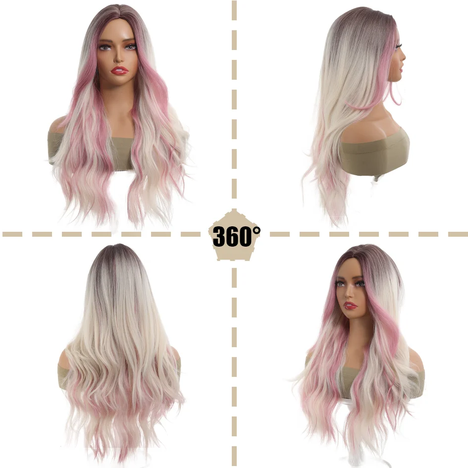 Pelucas de fiesta de cosplay de halloween para mujer, diadema rizada de parte media con reflejos, Wig20-inch Rosa sintético