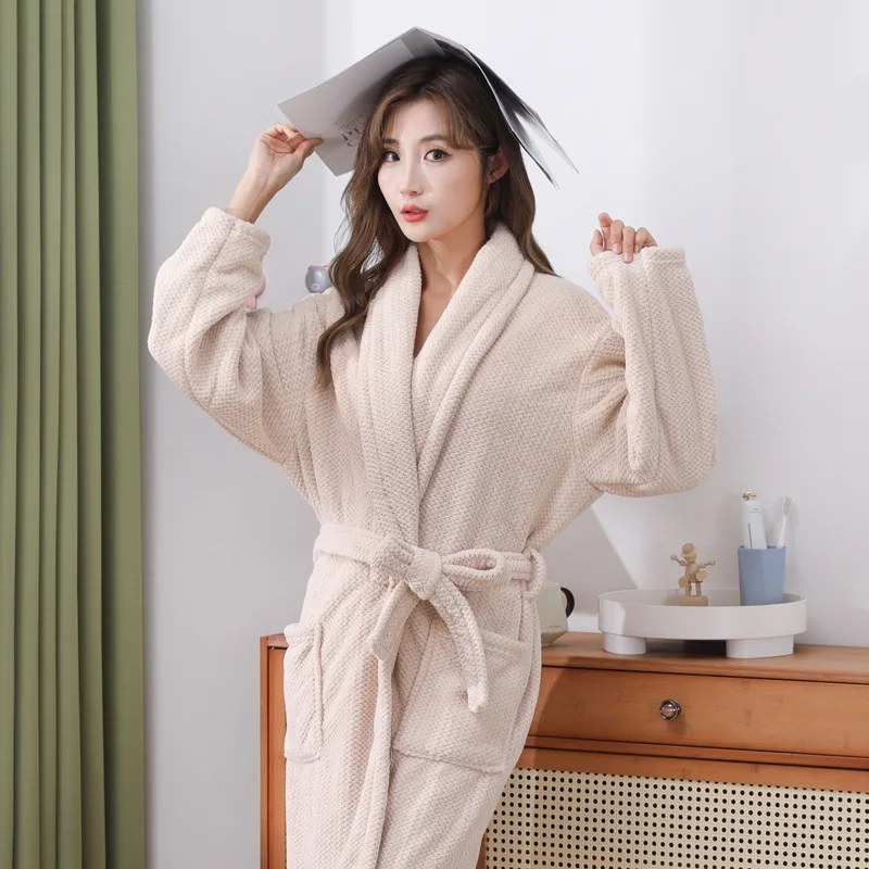 Lapel Pocket Robe Thickened Coral Fleece Bathrobe Men Women's Home Clothes Loose Sleepwear Casual Intimate Lingerie Nightwear