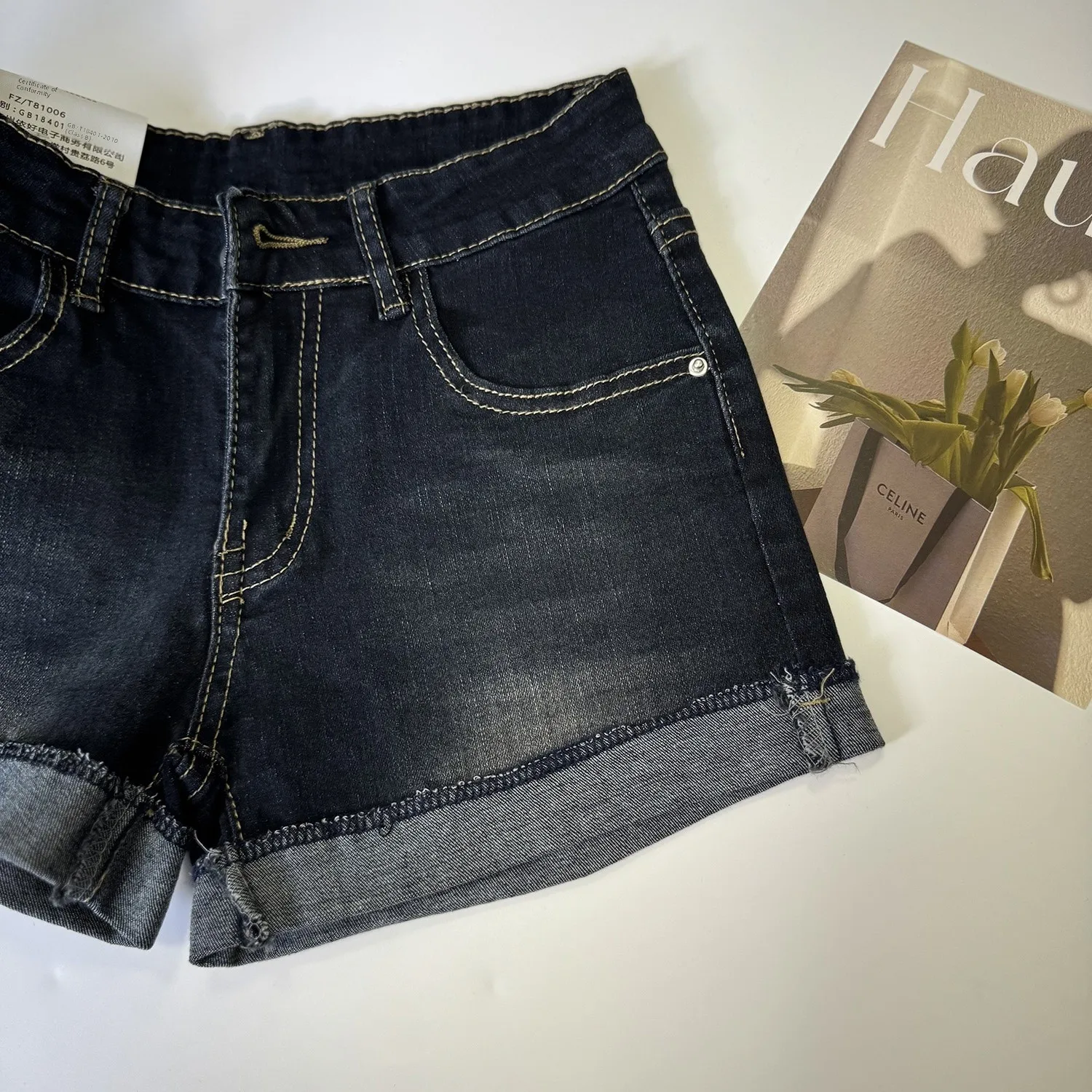 High Waist Straight Leg Short Jeans Women's Summer Sexy Flip Cuff Slim A-Line Hot Pants Casual Pure Color Denim Zipper Fly