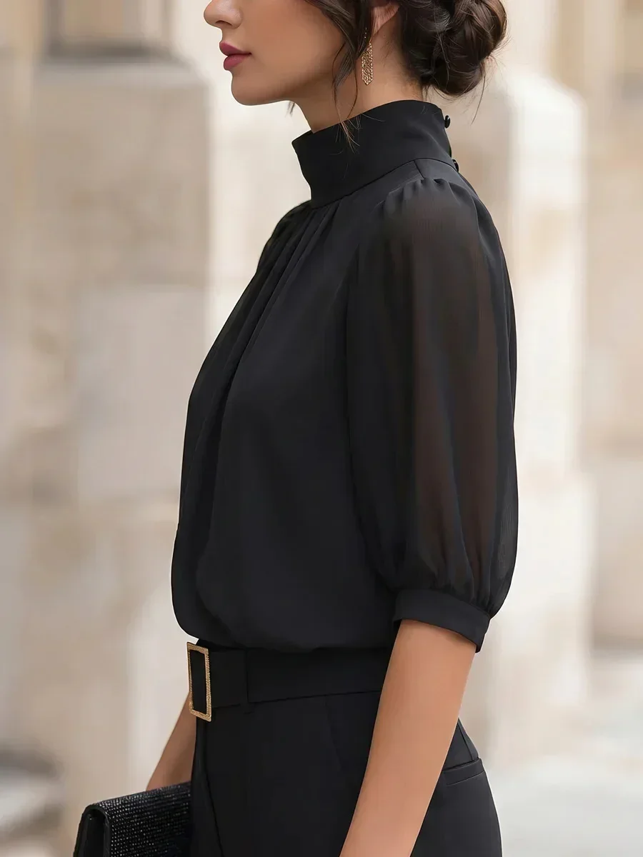 Damen-Bluse mit Stehkragen, Puffärmeln, 3/4-Länge, Falten und Drapierung vorne, aus Chiffon, elegant für Büro und Arbeit, lässige Oberteile für Damen – Detail 4