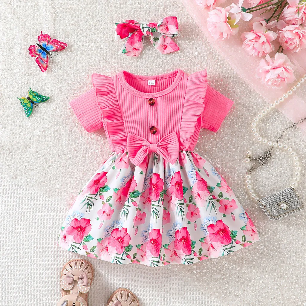 Dress For Kids Newborn 1-24Months Cute Bow Floral Short Sleeve Princess Dresses Ootd For Baby Girl