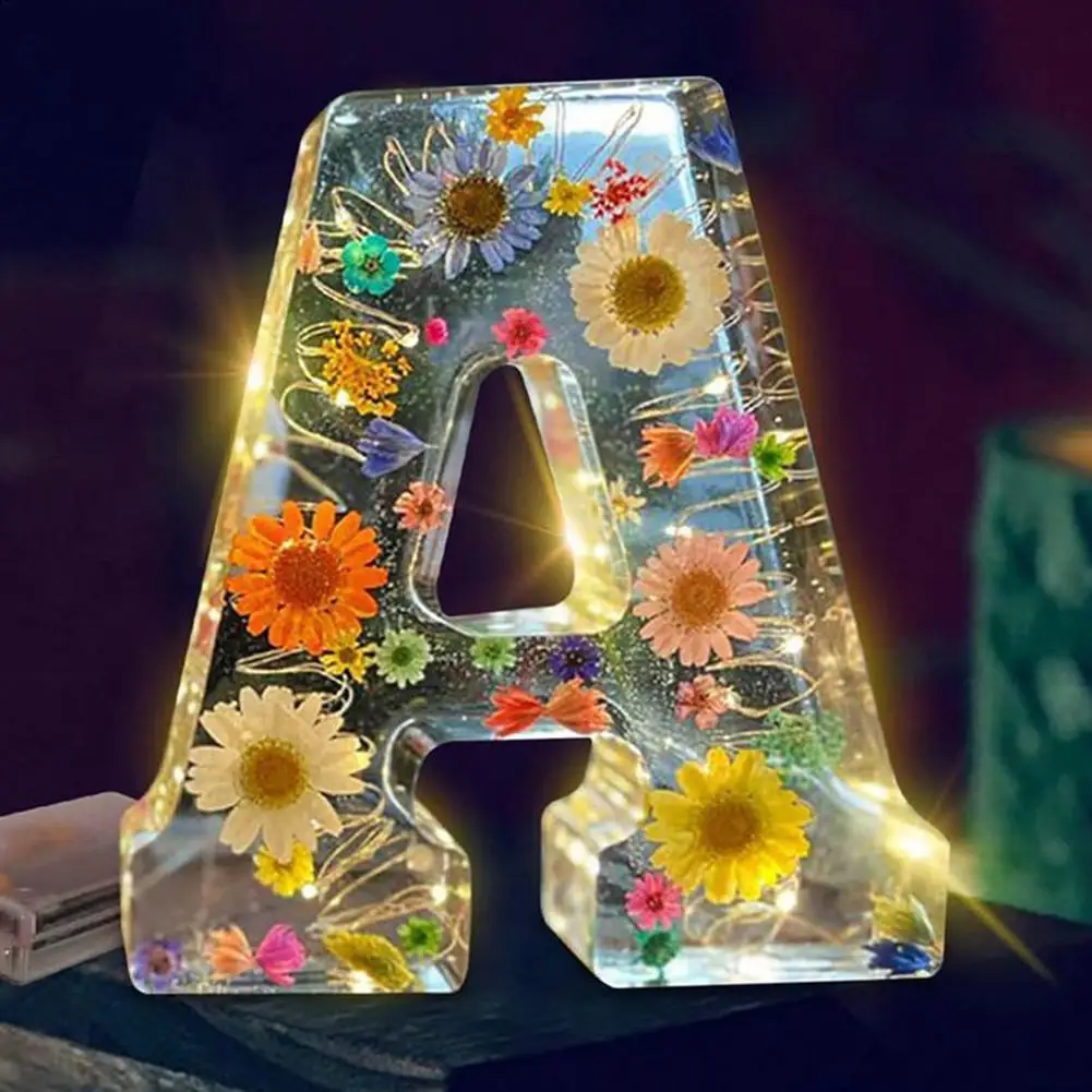 Floral Initial Night Light Initial Letter Dry Flower Resin Lamp Creative Table Light Night Lamp Glowing Decoration For Bedroom