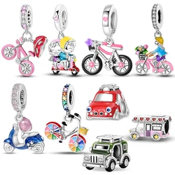 925 Sterling Silver Bicycle Tourist Car Jeep Electric Car Helmet Beads Pendant Charms Fit Bracelet DIY Birthday Jewelry Gift