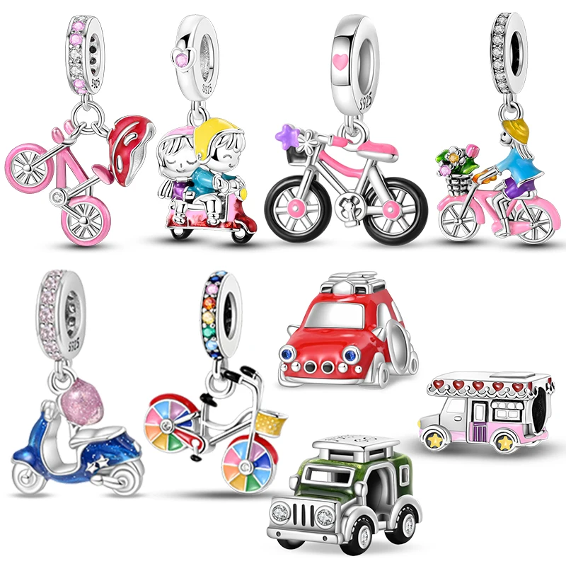 925 Sterling Silver Bicycle Tourist Car Jeep Electric Car Helmet Beads Pendant Charms Fit Bracelet DIY Birthday Jewelry Gift