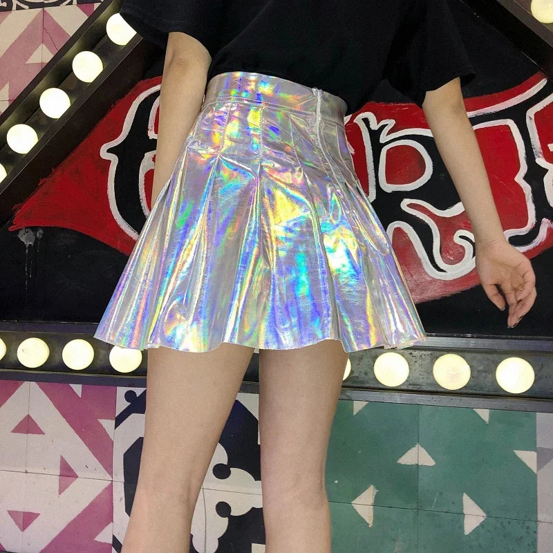 

Japanese Korea Holographic Pleated Skirts 2024 Women PU Solid Harajuku Casual Laser Hight Waist Mini Short Skirt Women Rainbow