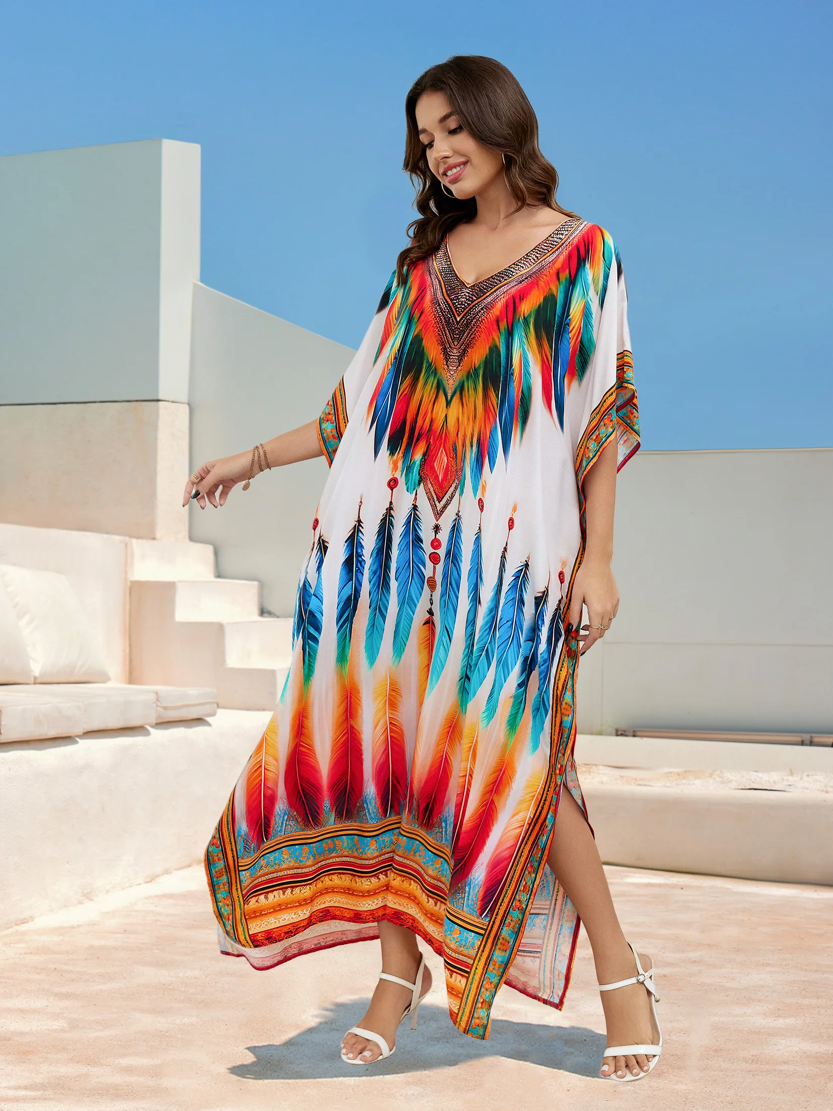 Boho Plus Size damska Kaftan z dekoltem w szpic długa sukienka o żywym kolorowy strój kąpielowy strój do domu sukienki plażowe Q1594