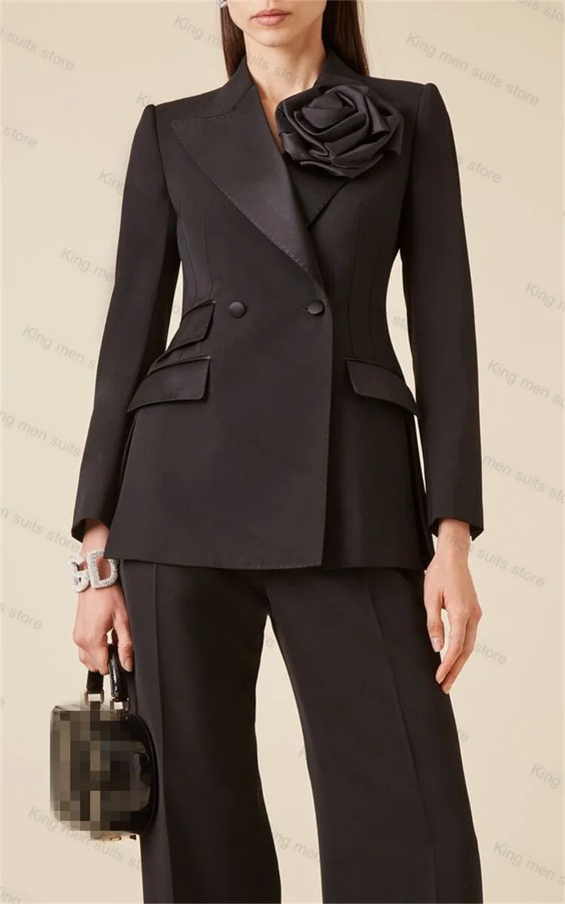 Black Women Suit Pants Set 2-Pieces Blazer+Trousers 3D Flower Double Breasted Coat Formal Office Lady Jacket Tailored Made