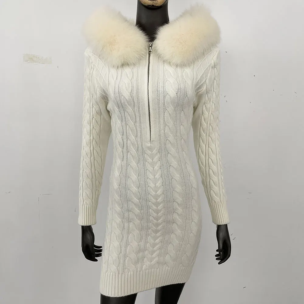 

2025 Winter Knitted Sweater Dress Hooded Real Fox Fur Coat Women Slim Bodycon Mini Dress Big Fur Female One Piece Dress Elegant