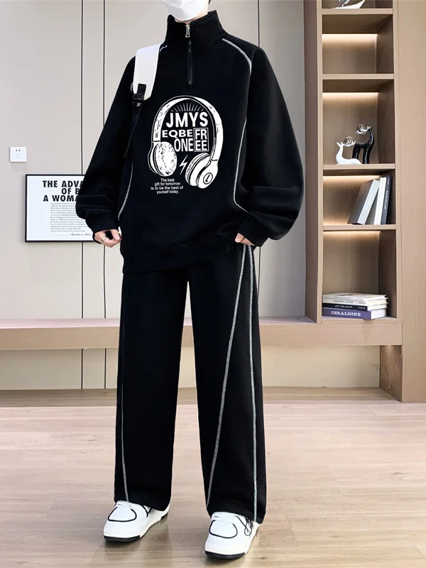 

Casual Sportswear f Zip Hoodie Set Men's Long Sve Stand Collar Trendy Two Piece Autumn Outfit Cotton Polyester Blend