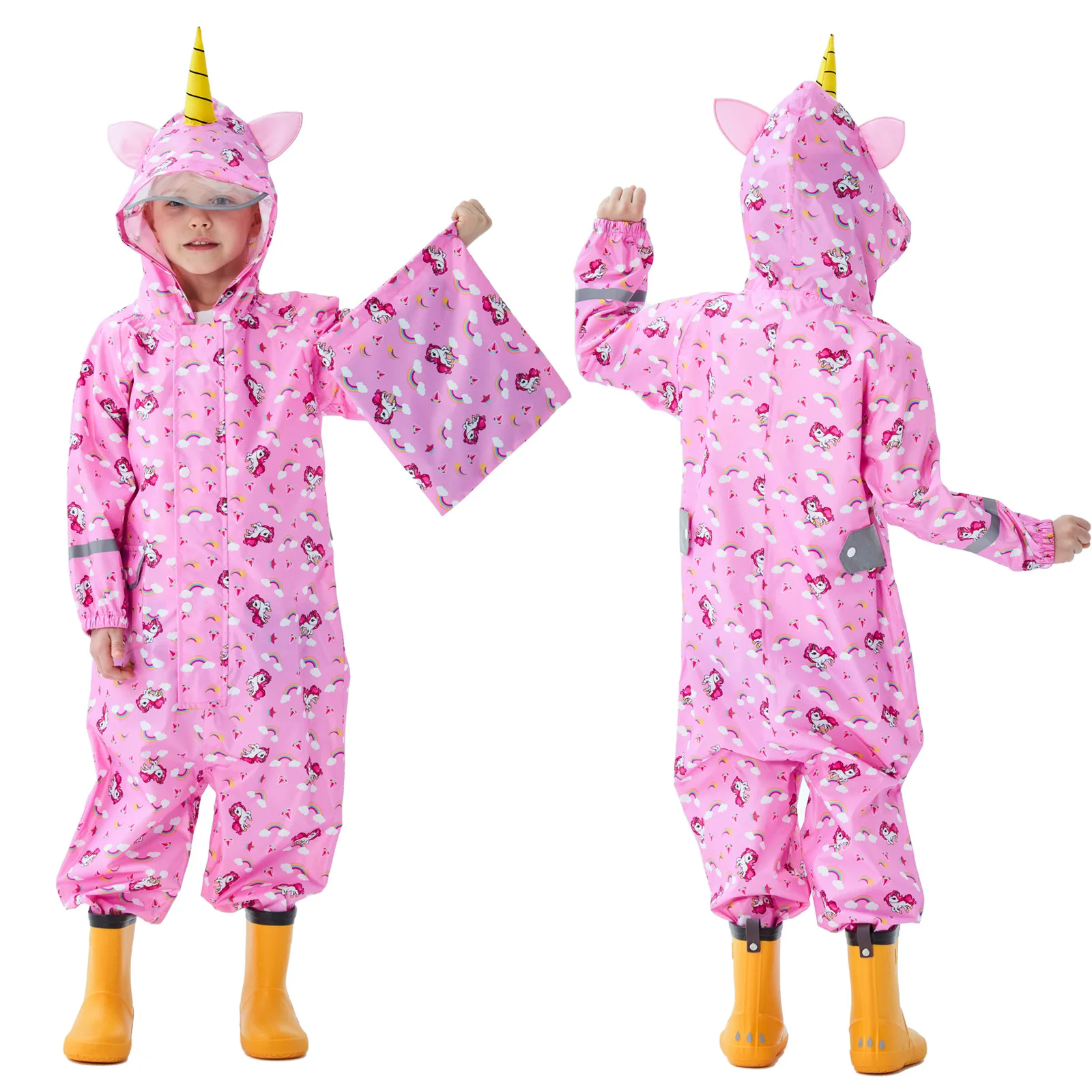 Student Kids Rainwear And Pants Toddler Clothing Children\'s Waterproof Jumpsuit Hooded One-Piece Cartoon Unicorn Raincoat LC462