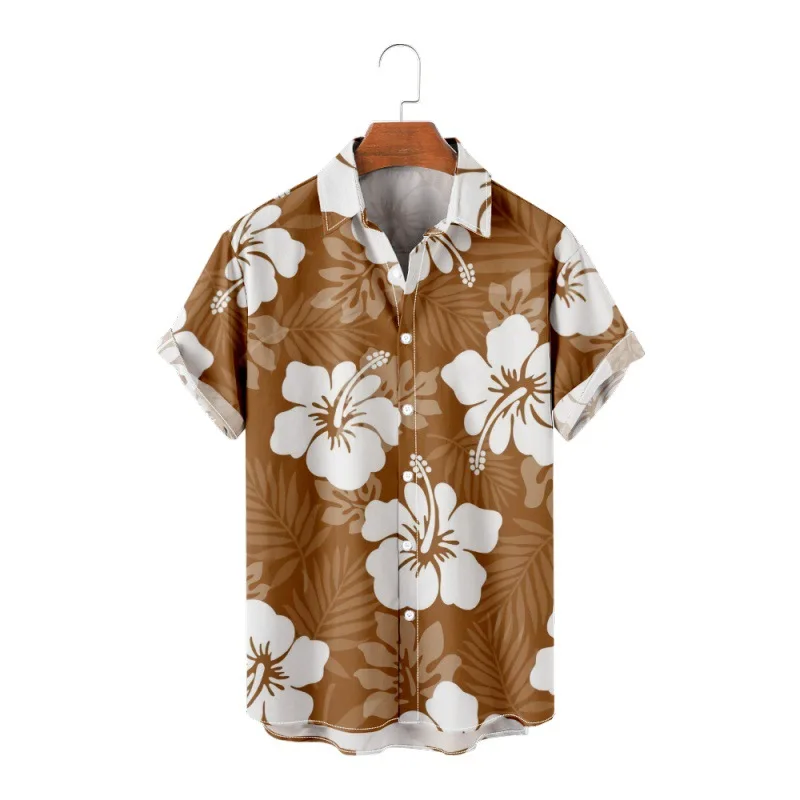 

New Hawaii Style Orange Shirts Beach Flowers Print Warm Style Pocketless Shirts for Men And Women Vacation