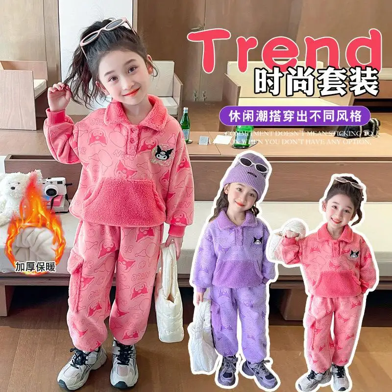 

Sanrio Girl Lapel Coat Set Kuromi Kawaii Anime Student Winter Thickening Casual Sports Pants 2-Piece Set Children's Clothing New