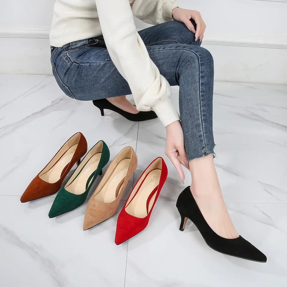 Low Heel Pumps Lady Pointed  Heels Female Green Flock Plus Size 46 Red Shoes 2023 Women 5cm High Heels Sexy Tacones Para Mujer