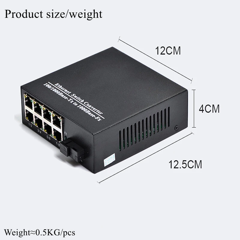 HTOC 8 Port RJ45 Gigabit Ethernet Fiber Transceiver SC Interface 10/100/1000M Single Mode Single Fiber (3KM)