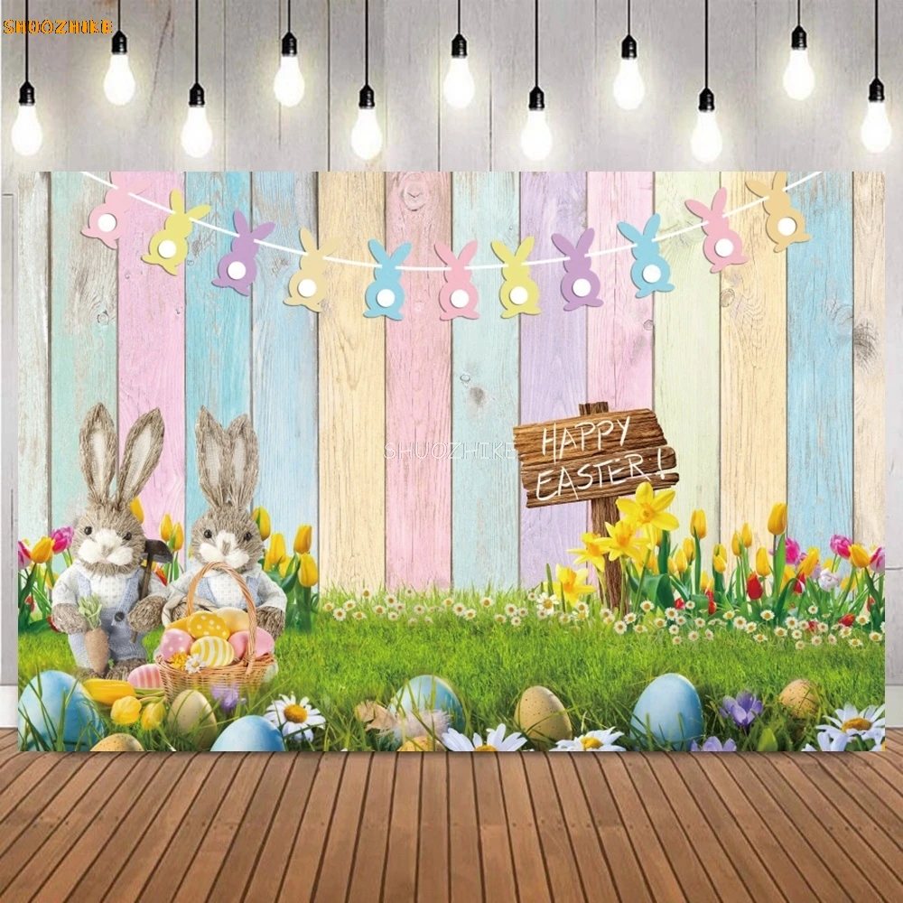 Frohe Ostern Hintergrund Fotografie Innen Ziegel Wand Holztür Blume Kaninchen Eier Kinder Party Dekor Baby Portrait Hintergrund