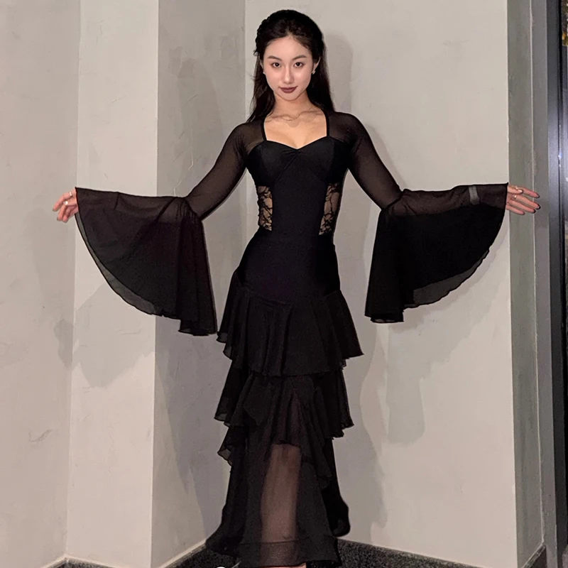 Robe de salon noire pour femmes, vêtements de danse modernes Standard, manches évasées, jupe d'entraînement, vêtements de danse pour salle de bal pour adultes, VDL4935