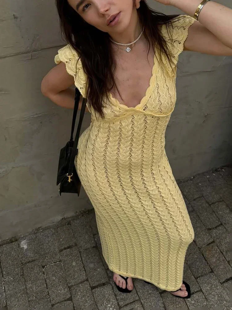 

Elegant Knitted Ruffled Long Dress Women Sexy V-neck Ruffled Backless Long Dress High-Waisted Retro Knitted Party Dress