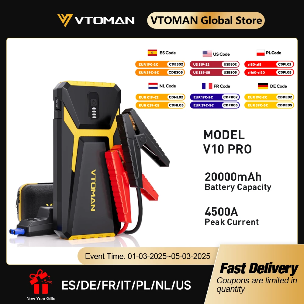 

VTOMAN Power Bank 20000mAh Jump Starter Portable Charger Car Booster 4500A Auto Starting Device Emergency Car Battery Starter