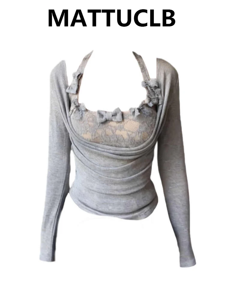 

Зимние женские комплекты из двух предметов Y2k Abi Top Gyaru Coquette с длинными рукавами, балетные кружевные футболки, дизайн, корейская мода, Shoujo, новинка