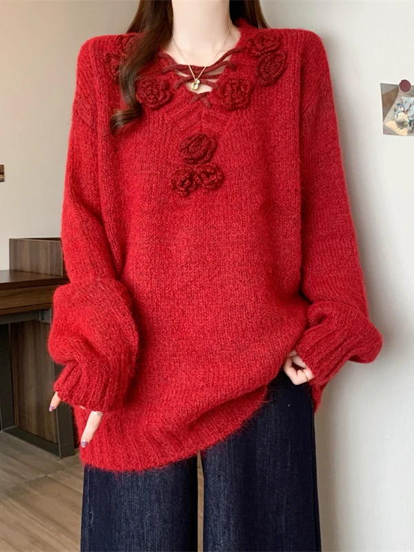 여성용 루즈 니트 스웨터 플로럴 디자인 가을 겨울 패션 플러스 사이즈 슬림핏 탑 캐주얼 스타일 라운드 넥 긴팔