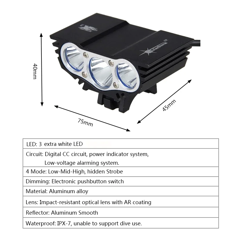 Waterproof Bike Light 3xLED Front Bicycle Headlight 4 Modes Safety Night Cycling Lamp+Rechargeable Battery Pack+Charger