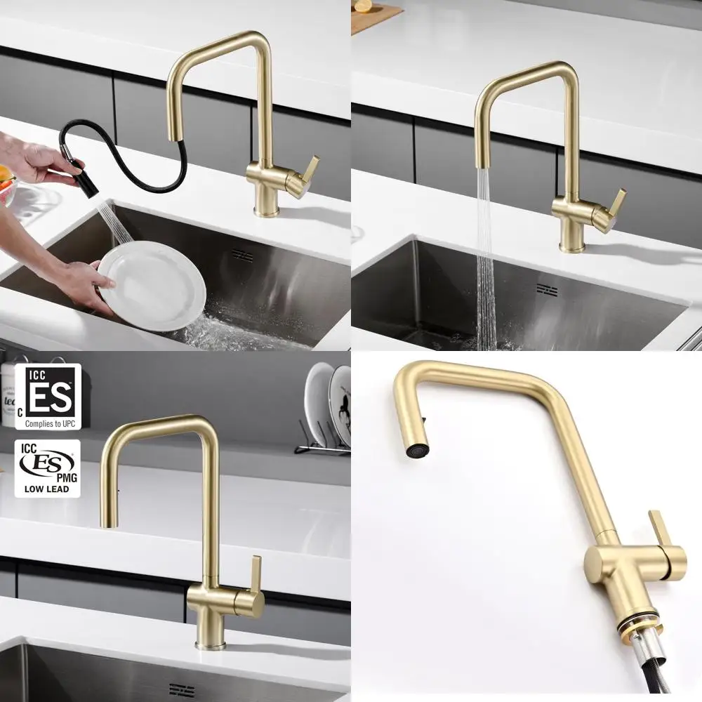 

Кухонный смеситель с двойным распылителем из матовой золотистой стали, с установкой на одно отверстие, для раковины из нержавеющей стали