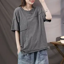 95% Cotton T Shirts Women Solid Color Patchwork Thin T-shirt Casual Loose Short Sleeve Comfortable Tops Summer Trend Tshirt Y2k