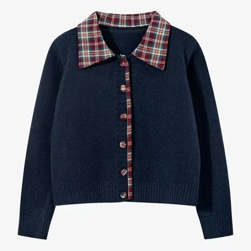 

Корейский клетчатый искусственный свитер из двух частей, кардиган на весну и осень, новый вязаный короткий топ для женской верхней одежды