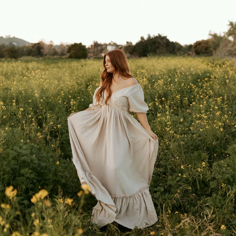 Maternity Photography Dress Off Shoulder Lace Patchwork Gown Pregnant Women Photoshoot Clothes Outdoor Studio Prop