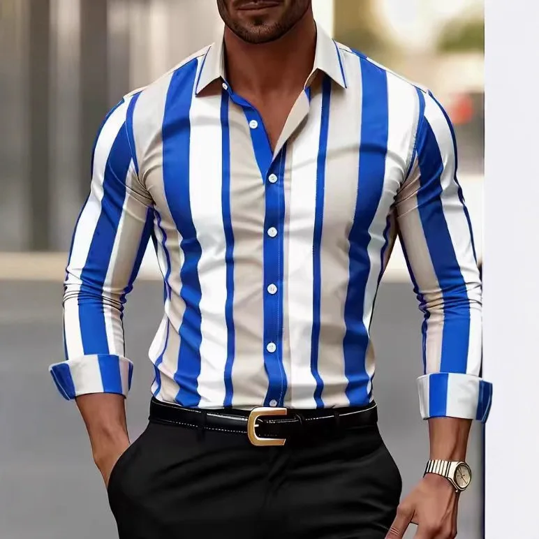 Four-sided Elastic Long-sleeved Shirt Men's Striped Slim-fitting Shirt Casual Printing Non-ironing Comfortable Men's Clothing