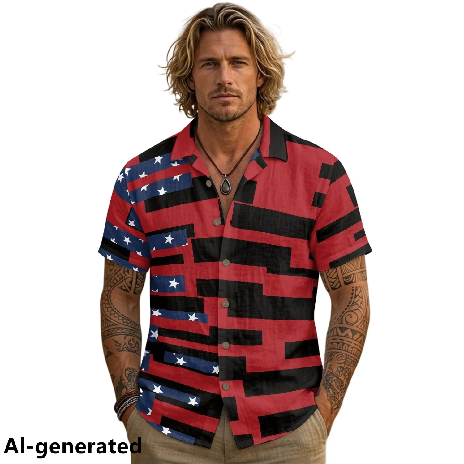 XIXIRIMIDO Men's V-Neck Casual Linen Button Short-Sleeved Shirt National Flag Minimalist Design Color Collision Pattern T-Shirt